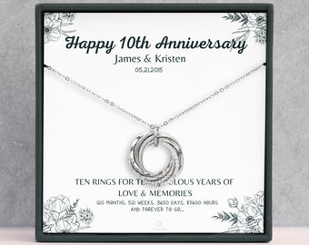 Personalisierte Halskette zum 10-jährigen Jubiläum - Zinn, Aluminium Hochzeitstag - 10 Ringe für 10 Jahre - Geschenke für Frau, Sie, Freundin