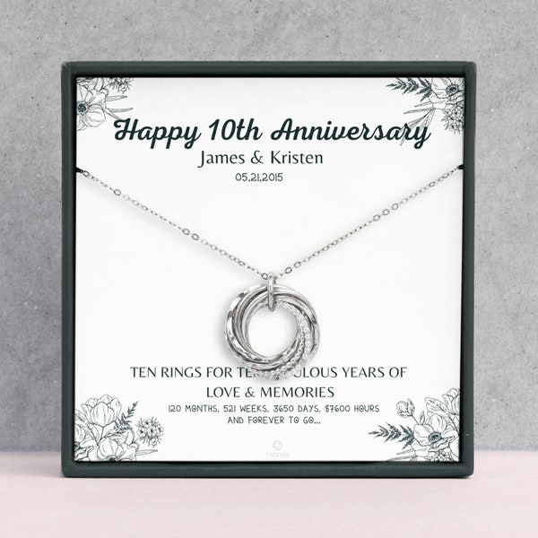 Collier personnalisé 10e anniversaire - Étain, anniversaire de mariage en aluminium - 10 anneaux pendant 10 ans - Cadeaux pour femme, elle, petite amie