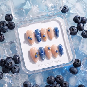 Blueberry Milk Press On Nails | 3D Fruit Polka Dot Cottagecore Nail Art | Medium Almond Blue Press Ons | Handmade Summer Gift | TN26SM011