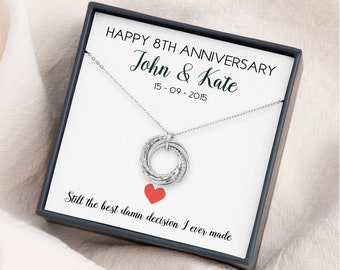 Personalized 8th Anniversary Necklace - Bronze Wedding Anniversary - 8 Rings for 8 Years - Gifts for Wife, Her, Girlfriend