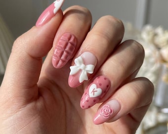 Valentine Press On Nails,Pink Strawberry Chocolate Nails, Almond Gel Tips, Reusable Manicure