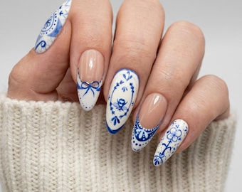 Handmade Blue Porcelain Press On Nails, Floral Ceramic Design