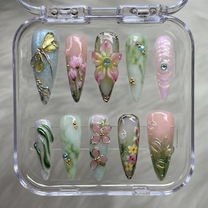 3D Dragonfly & Flower Press on Nails, Luxury Fairycore Long Almond Nails.