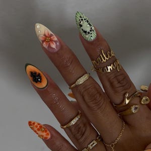 Tropical Fruit Press On Nails | 3D Papaya Kiwi Citrus Almond Nails | Hand Sculpted Hibiscus Beach Nail Set | Summer Vacation Press Ons
