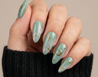 Valentine Press On Nails, Sage Green Celestial Moon & Star, Almond Gel Tips, Reusable Manicure