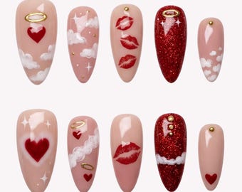 Valentine Press On Nails, Red Glitter Kiss Lips, Reusable Handmade Manicure