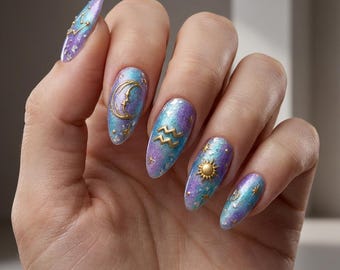 Waterman sterrenbeeld pers op nagels, paarse en blauwgroene iriserende Galaxy-nagels, herbruikbare manicure