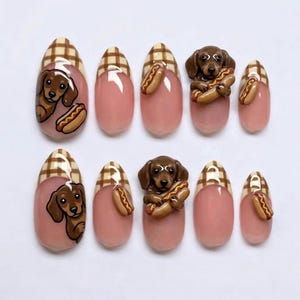 Cute Puppy Press On Nails With 3D Dachshund And Hot Dog | Medium Almond Gingham French Fake Nails | Kawaii Dog Art For Everyday