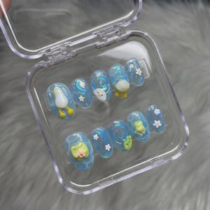 Summer Press On Nails, 3D Duck Frog Charm, Ocean Blue Jelly Gel, Kawaii Y2K Nails, Short Almond, Handmade Reusable Set