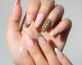 Handmade Polka Dot Press On Nails, Pink Brown Dot Nail Art
