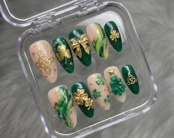 Patricks Day Press On Nails, Green Marble & Gold Bow, Almond Gel Tips, Reusable Manicure