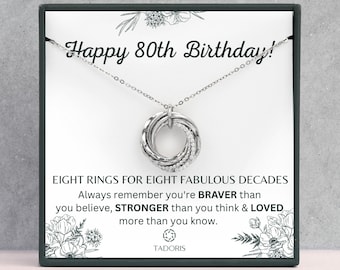 80th Birthday For Grandma - 80th Birthday Gift For Women - 80th Birthday Gift For Her, Interlock Rings,8 Rings 8 Decades Necklace
