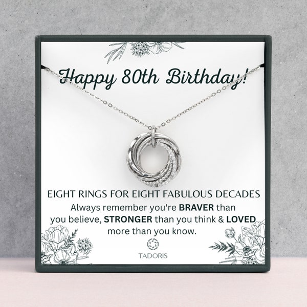 80th Birthday For Grandma - 80th Birthday Gift For Women - 80th Birthday Gift For Her, Interlock Rings,8 Rings 8 Decades Necklace