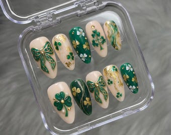 St Patricks Day Press On Nails, Celtic Bow, Gold Glitter, Almond Gel Tips, Reusable