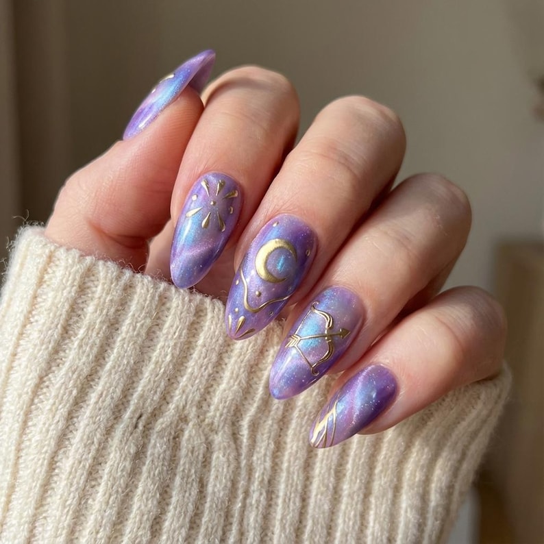 Mystic Sagittarius Press On Nails, Cat Eye Purple Gold, Almond Gel Tips image 1