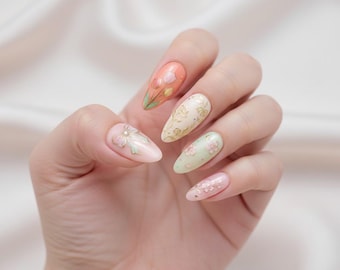Spring Press On Nails Pastel Tulip & 3D Bow Design, Almond Gel Tips, Reusable Manicure