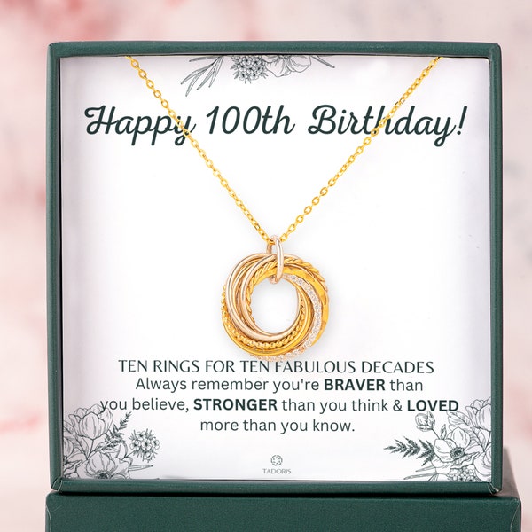 100th Birthday Necklace - Gift For Grandma - Great Grandma Gift Ideas, Interlock Rings Necklace, 10 Rings 10 Decades