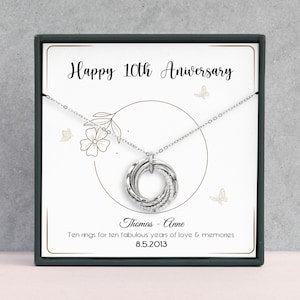 Personalized 10th Anniversary Necklace - Tin, Aluminum Wedding Anniversary - 10 Rings for 10 Years - Gifts for Wife, Her, Girlfriend