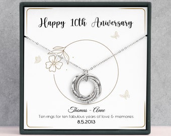 Personalisierte Halskette zum 10-jährigen Jubiläum - Zinn, Aluminium Hochzeitstag - 10 Ringe für 10 Jahre - Geschenke für Frau, Sie, Freundin
