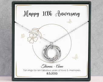 Personalized 10th Anniversary Necklace - Tin, Aluminum Wedding Anniversary - 10 Rings for 10 Years - Gifts for Wife, Her, Girlfriend