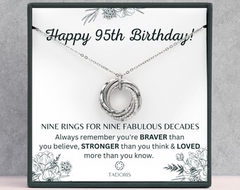 95th Birthday For Grandma - 95th Birthday Gift For Great Grandma, Interlock Rings,9 Rings 9 Decades Necklace