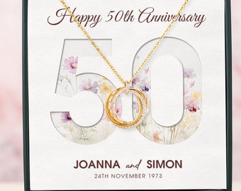 Personalized 50th Anniversary Silver Necklace - 5 Rings For 5 Decades - Gold Wedding Anniversary Gift for Parents, Grandparents, Aunt