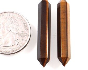 Tiger Eye Gemstone Pair: Handmade Pencil Cut Stones (40x6 mm)