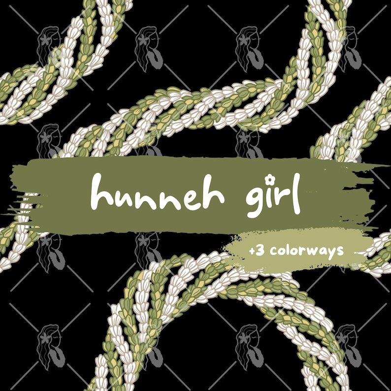 May include: A seamless pattern featuring white and green floral lei with the text "hunneh girl" and "+3 colorways" on a black background.