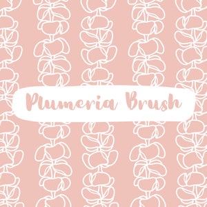 Pode incluir: Um padrão sem costura de flores brancas de plumeria sobre um fundo rosa claro. O texto "Plumeria Brush" está escrito em branco sobre um retângulo branco.