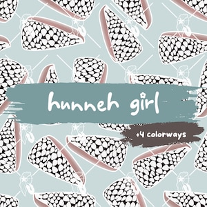 May include: A seamless pattern featuring a repeating design of white and black geometric shapes on a light blue background. The text "hunneh girl" and "+4 colorways" are also included in the design.