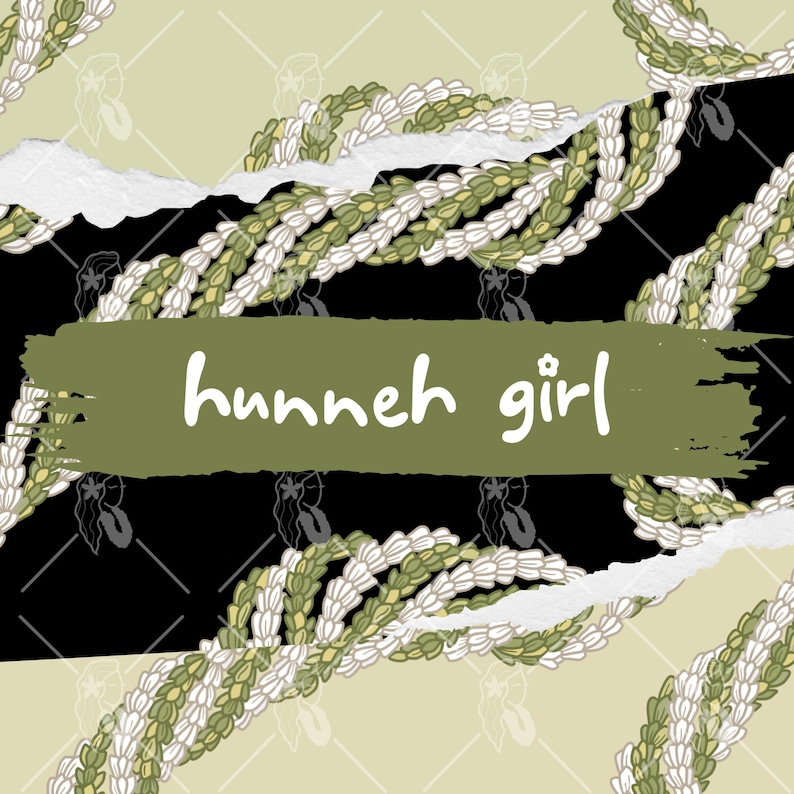 May include: A black and white graphic design with a green background. The design features a floral pattern with the text "hunneh girl" in white.