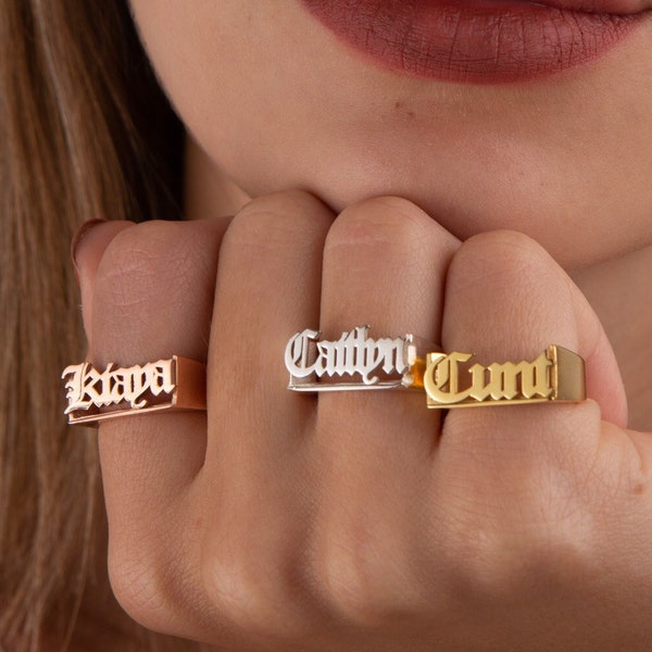 14K Gold Old English Name Ring, Gothic Name Ring, Stackable Year Ring, Personalized Stackable Word Ring, Custom Gothic Old English Name Ring