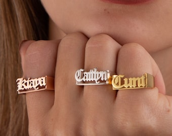 14K Gold Old English Name Ring, Gothic Name Ring, Stackable Year Ring, Personalized Stackable Word Ring, Custom Gothic Old English Name Ring