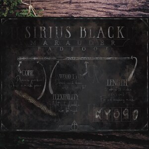 May include: A black and white illustration of a wand with the text "SIRIUS BLACK MARAUDER PADFOOT" at the top. The wand's core, wood type, flexibility, length, and a number are listed below the wand.