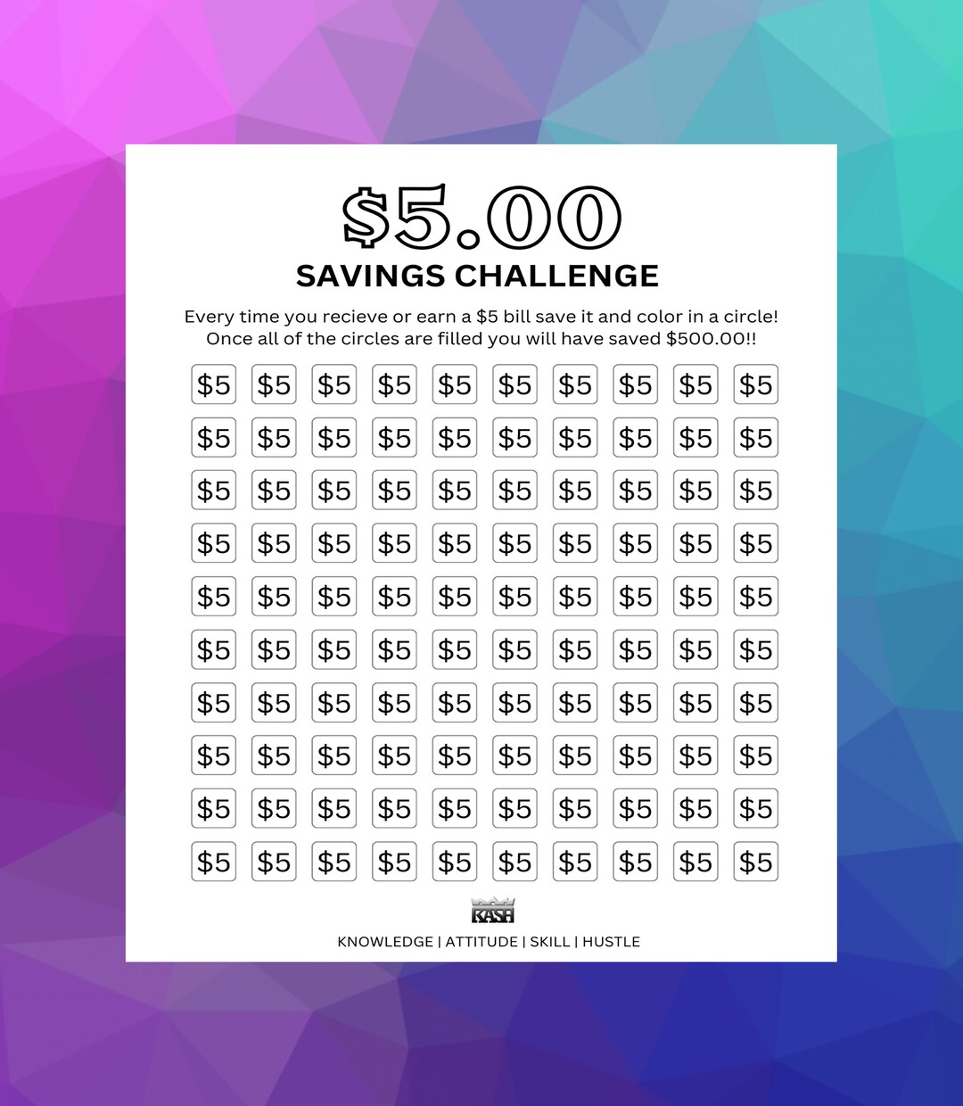 Money Saving Challenge Printable | 5 Dollar Savings Challenge | Savings ...