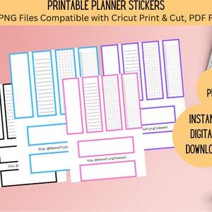 May include: Printable planner stickers in black, blue, pink, and purple with different grid and lined patterns. The text "Etsy: @MamaTryin" and "132 PIECES" are visible. The text "INSTANT DIGITAL DOWNLOAD" is also visible.