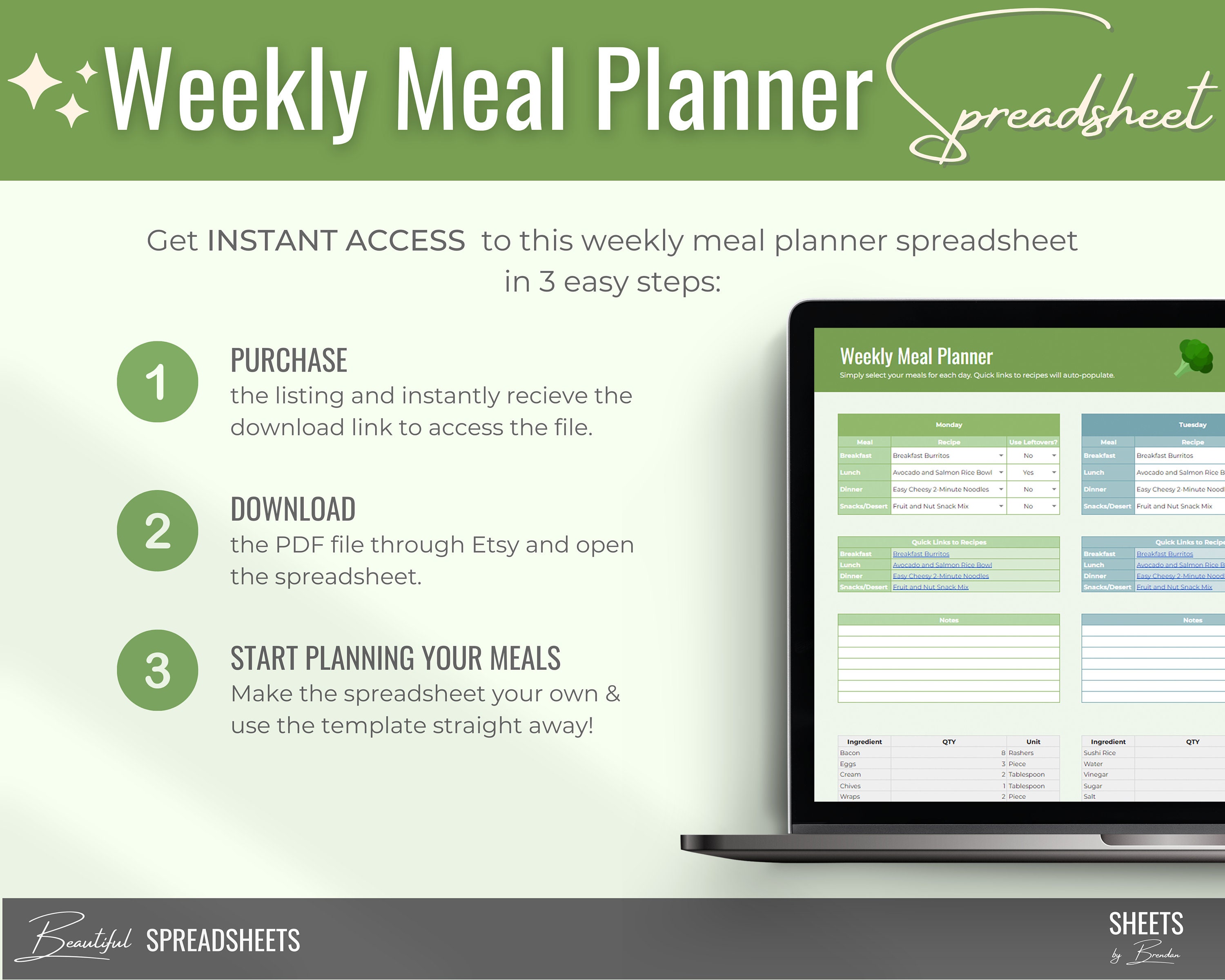 Weekly Meal Planner Spreadsheet Template for Google Sheets - Etsy