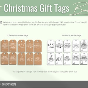 May include: A set of 24 printable Christmas gift tags, 12 brown and 12 white. The tags feature various Christmas-themed illustrations and text, such as "Merry Christmas" and "Happy Holidays".