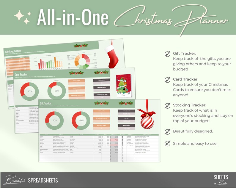 May include: A Christmas planner with three worksheets: Gift Tracker, Card Tracker, and Stocking Tracker. Each worksheet has a colorful pie chart and a table with headings for name, gift, budget, and notes. The planner is designed to help you stay organized and on top of your Christmas budget.