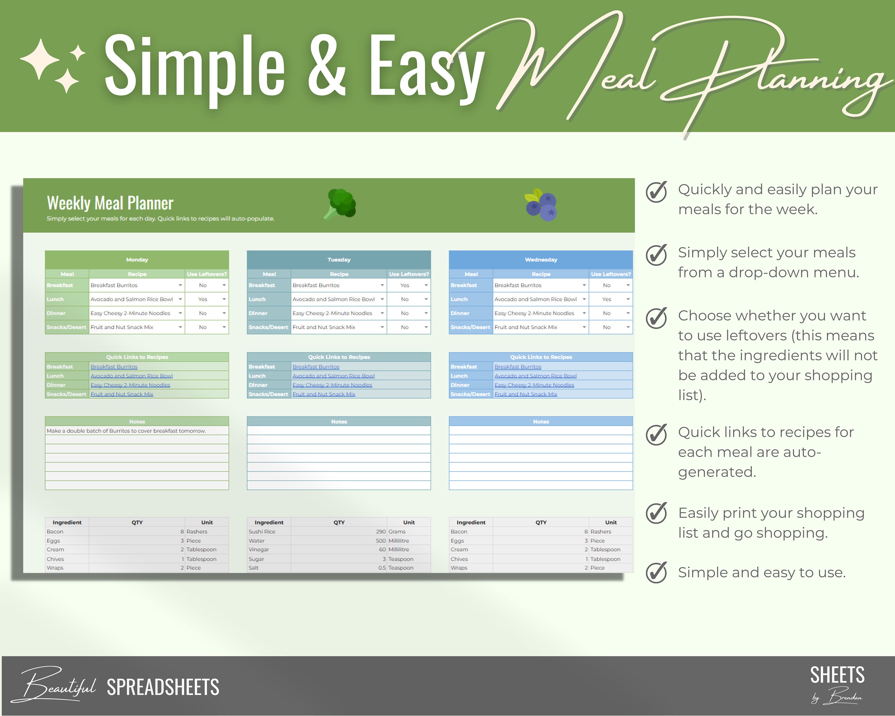 Weekly Meal Planner Spreadsheet Template for Google Sheets - Etsy