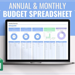 Annual & Monthly Budget Spreadsheet | GoogleSheets Template | Savings, Subscription Tracker, Debt Payoff | Blue Digital Budget