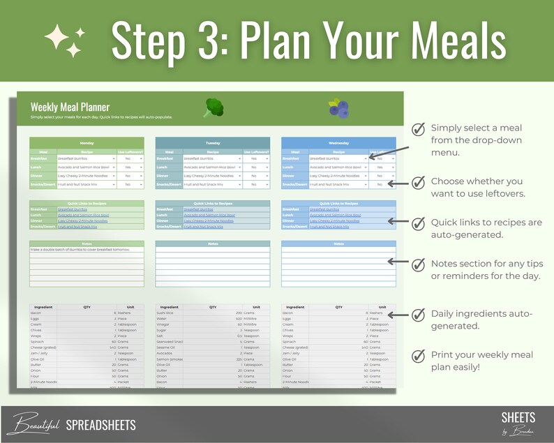 Weekly Meal Planner Spreadsheet Template for Google Sheets - Etsy