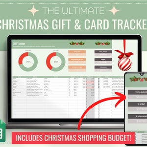 May include: A computer screen displaying a Christmas gift and card tracker spreadsheet with a total budget of $560.00, $393.00 spent, and $167.00 remaining. The spreadsheet includes a list of gifts, recipients, prices, and gift status. A smartphone displaying a Christmas budget tracker with a total budget of $560.00, $393.00 spent, and $167.00 remaining. The text "THE ULTIMATE CHRISTMAS GIFT & CARD TRACKER" is displayed at the top of the image. The text "INCLUDES CHRISTMAS SHOPPING BUDGET!" is displayed at the bottom of the image.