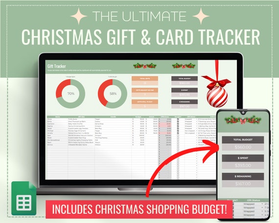 Holiday Planner, Christmas Gift & Card Tracker Spreadsheet Template for Google Sheets, Digital Christmas Budget, Stockings Tracker Printable