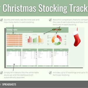 May include: A green and white printable Christmas stocking tracker spreadsheet with a red stocking illustration. The spreadsheet includes a table to list items, cost, and quantity, as well as charts to visualize the total cost and number of items per stocking. The text "Christmas Stocking Tracker" is at the top of the image.