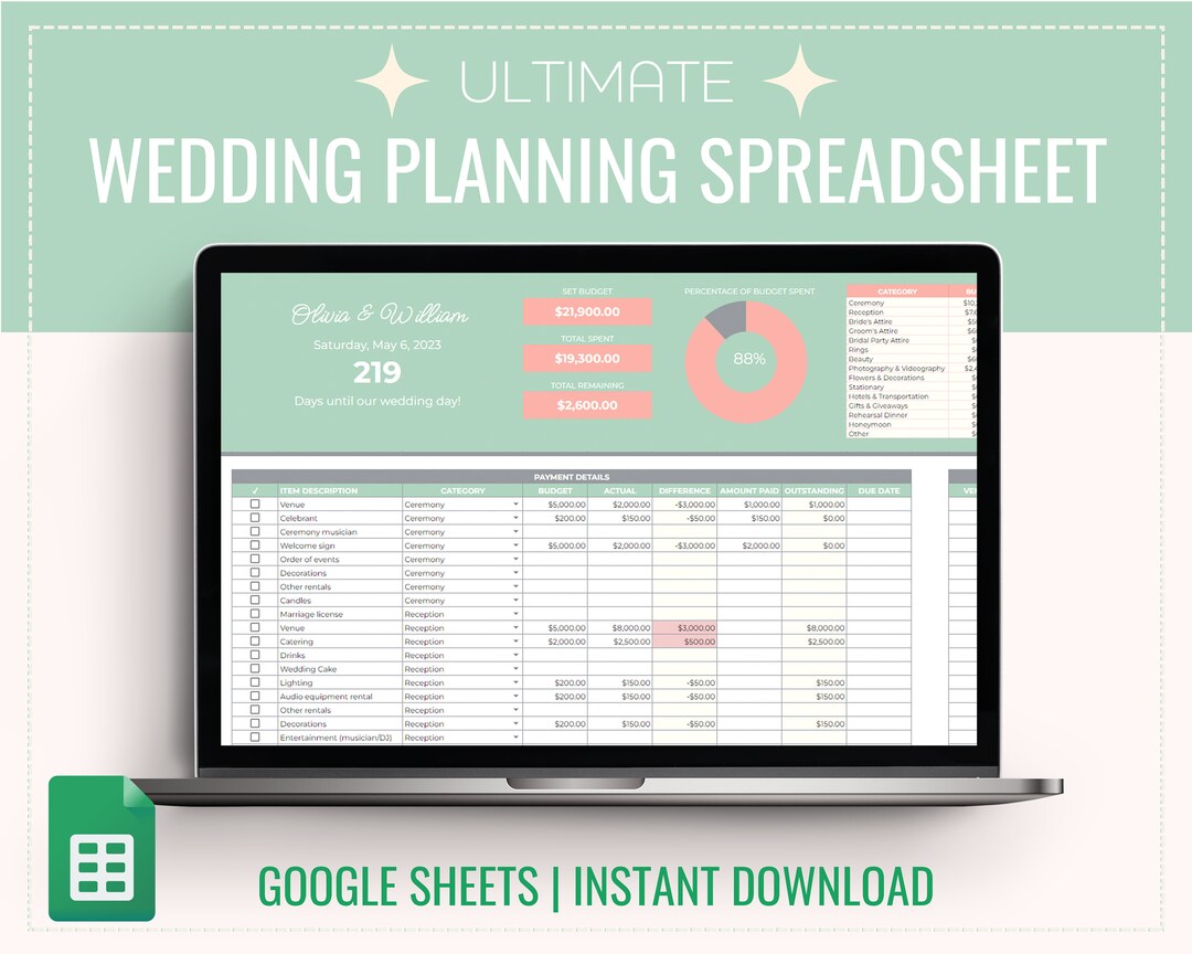 Digital Wedding Planner Spreadsheet for Google Sheets, Wedding Budget ...