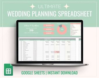 Puede incluir: Una pantalla de computadora portátil que muestra una hoja de cálculo de planificación de bodas en Google Sheets. La hoja de cálculo incluye secciones para el presupuesto, los detalles de pago y una lista de artículos de boda. La hoja de cálculo se titula "Ultimate Wedding Planning Spreadsheet".