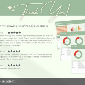 May include: A green and white graphic with the text "Thank You!" and "Join my growing list of happy customers!" with three customer testimonials. The testimonials include five-star ratings and quotes from Alyssa, Cristina, and Aleese. The graphic also includes a preview of three spreadsheet templates: "Stacking Tracker", "Card Tracker", and "Gift Tracker".
