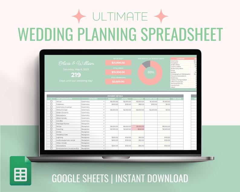 Digital Wedding Planner Spreadsheet for Google Sheets Wedding - Etsy