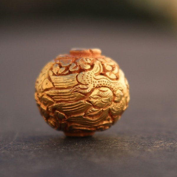 One Gold Plate Round Tibetan Dragon Bead